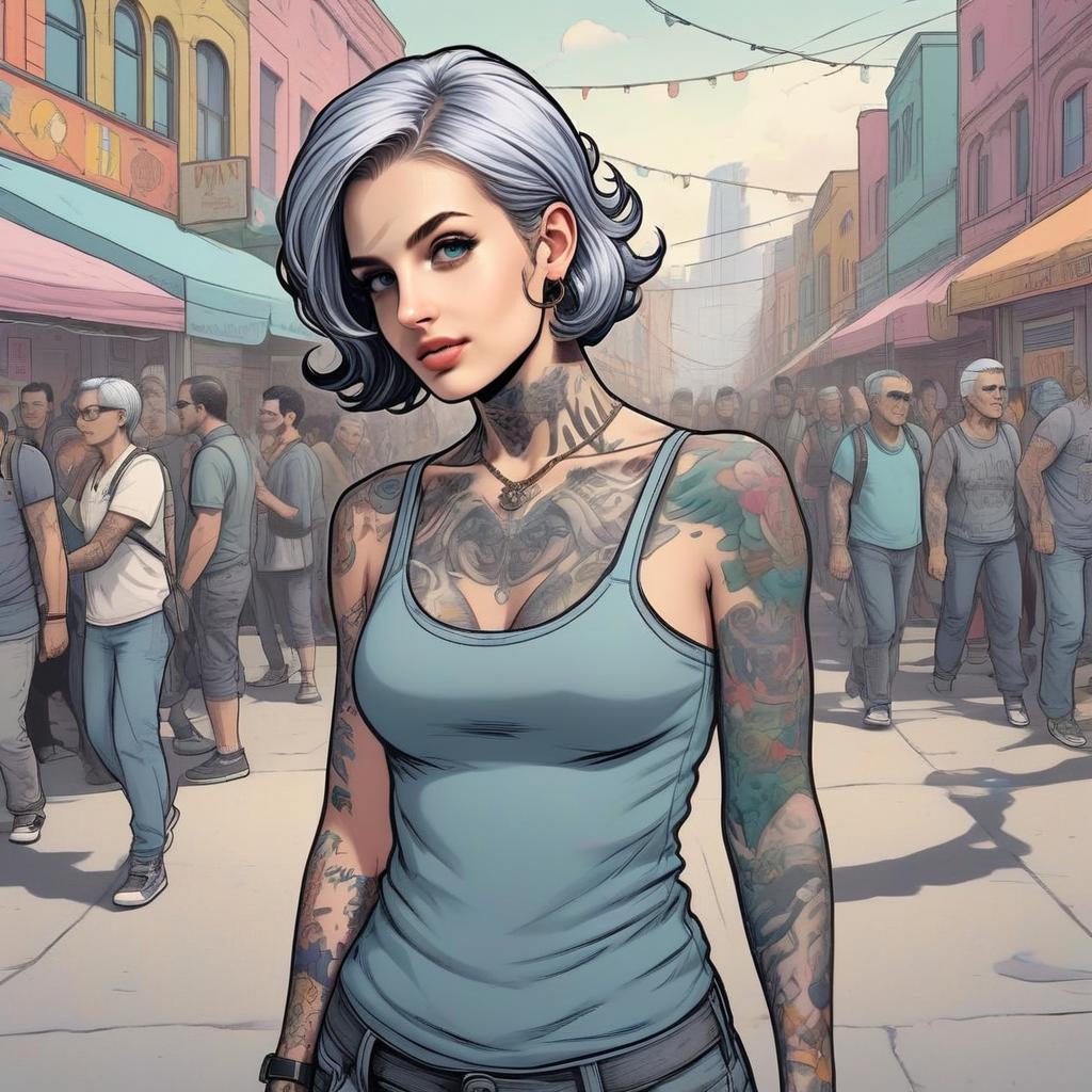 Confident Woman with Silver Hair and Tattoos in Urban Street Confident Woman with Silver Hair and Tattoos in Urban Street