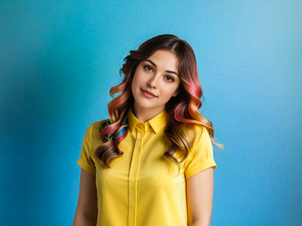 Woman with Stylish Hair in Yellow Shirt Against Blue Background