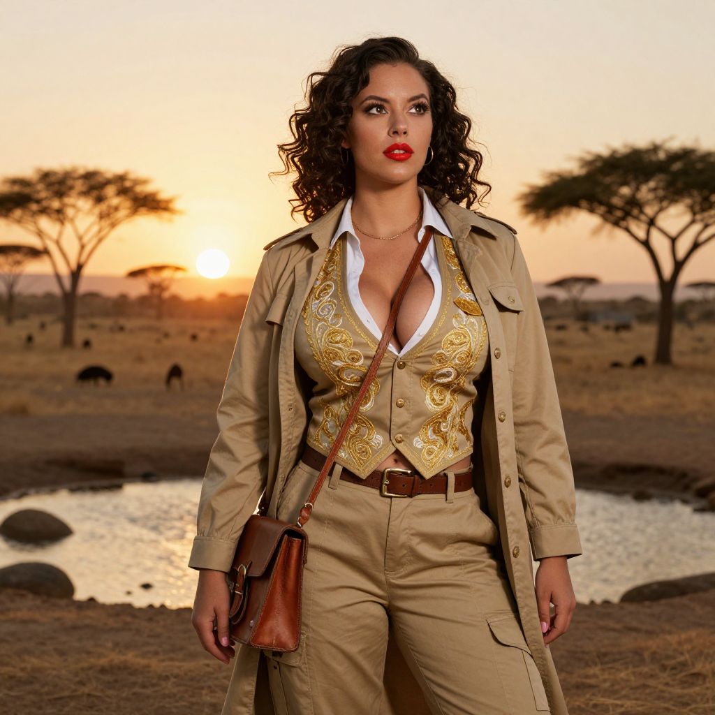 Woman in Safari Outfit at Sunset African Savanna Landscape