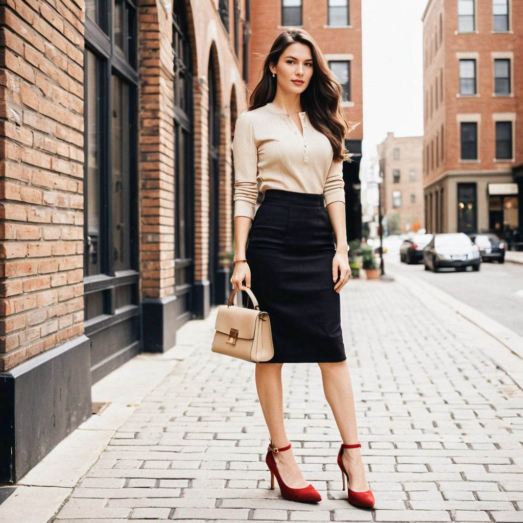Chic Woman in Beige Top and Black Skirt on City Street