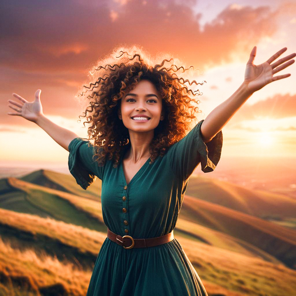 Joyful Woman in Green Dress at Sunset