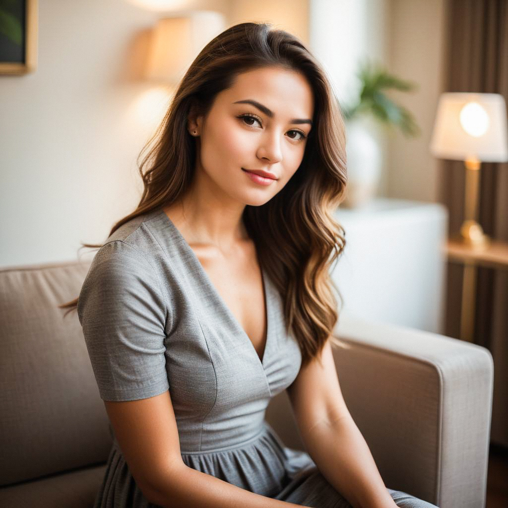 Young Woman on Beige Sofa in Modern Living Room Young Woman on Beige Sofa in Modern Living Room