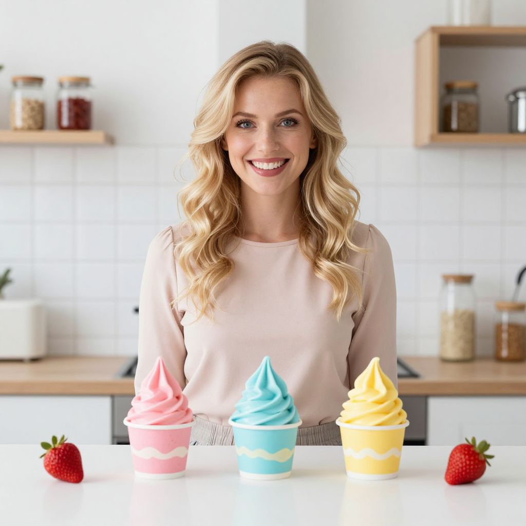 Smiling Woman with Pastel Soft-Serve Ice Creams in Modern Kitchen