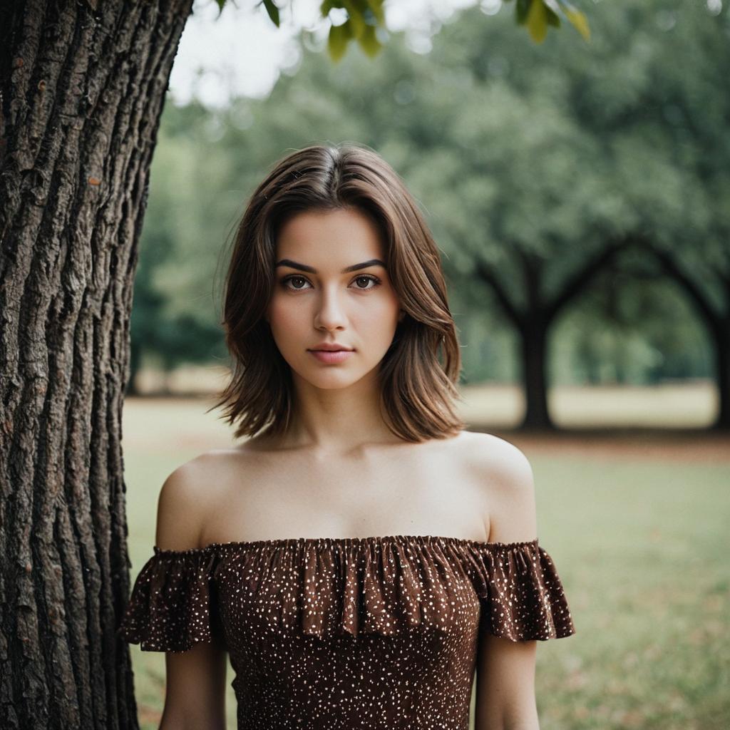 Young Woman in Brown Off-Shoulder Dress Standing by Tree in Natural Outdoor Setting