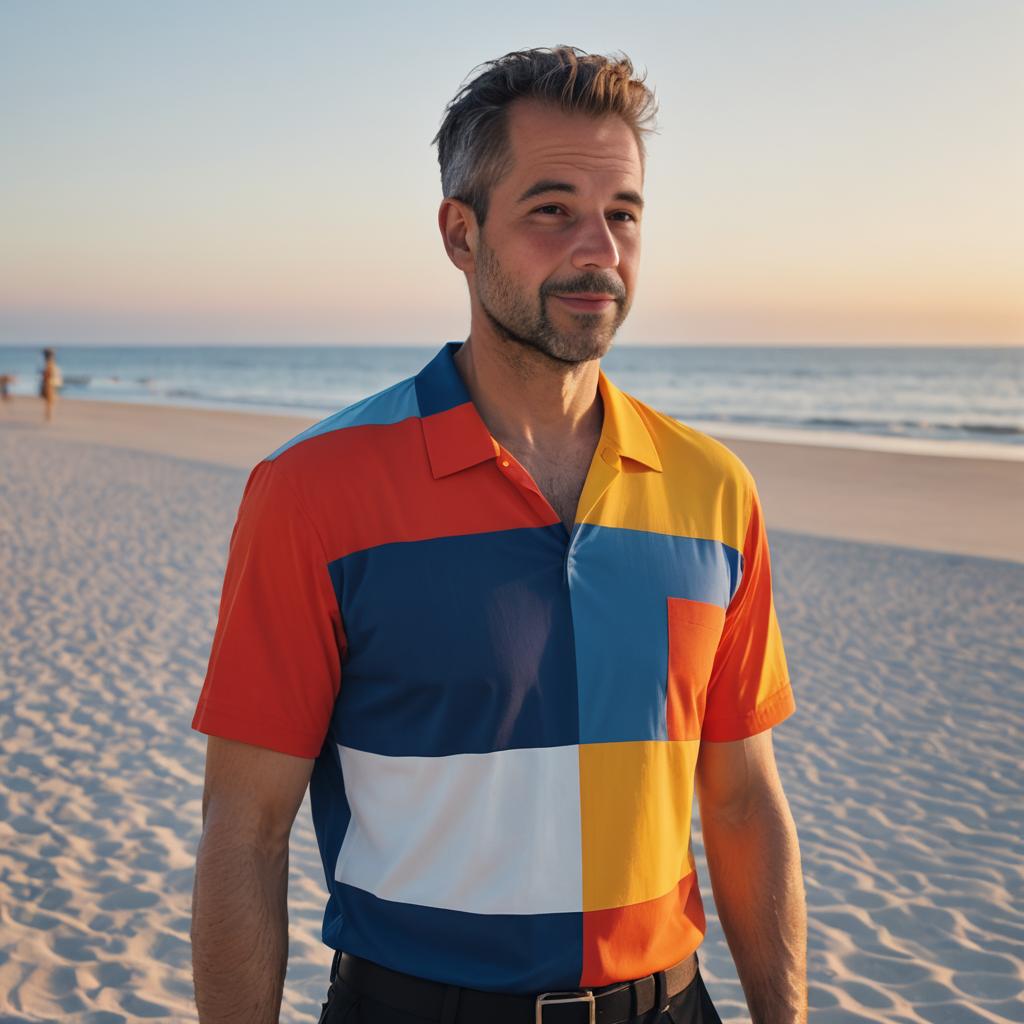 Stylish man in geometric shirt on beach at sunset