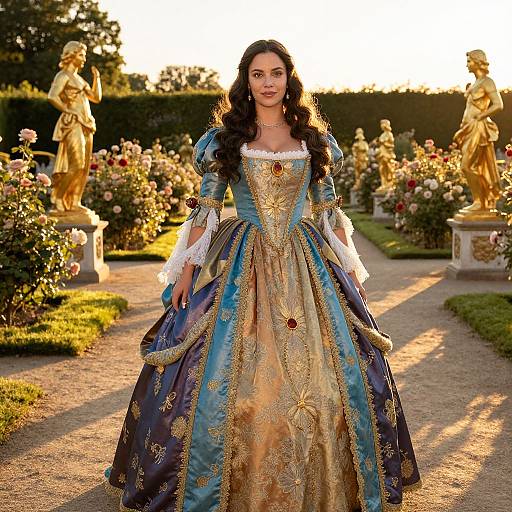 Woman in Ornate 18th Century Rococo Gown in Sunlit Garden with Golden Statues