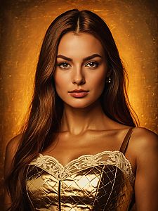 Chic Woman in Gold Quilted Dress with Cream Lace Overlay
