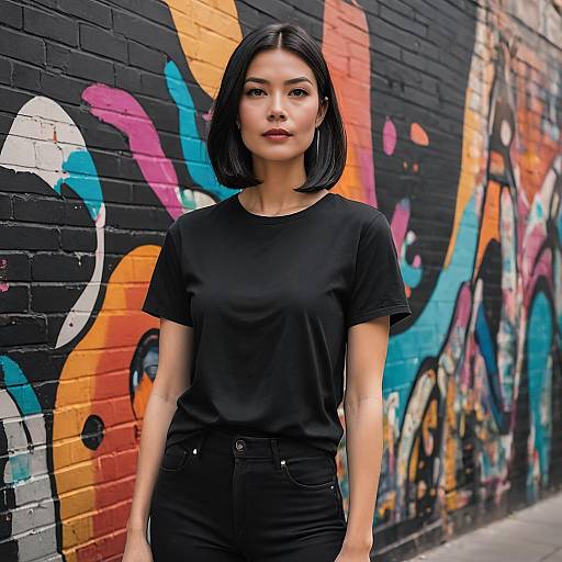 Confident Woman in Black Outfit Standing Against Urban Graffiti Wall