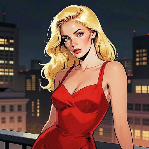 Blonde Woman in Red Dress Digital Illustration with Night Cityscape