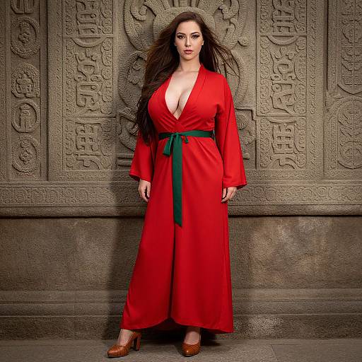Woman in Red Dress Posing by Ornate Carved Stone Wall