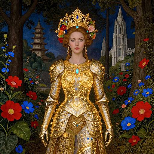 Regal Woman in Ornate Golden Armor with Floral and Architectural Backdrop