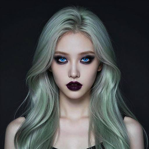 Gen Z Portrait of Woman with Icy Silver Hair and Dramatic Dark Makeup