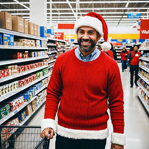 Man in Red Christmas Sweater and Santa Hat Shopping at Walmart