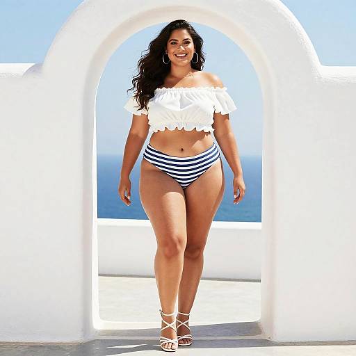 Confident Woman in Striped Bikini and Off-Shoulder Top by Ocean Archway