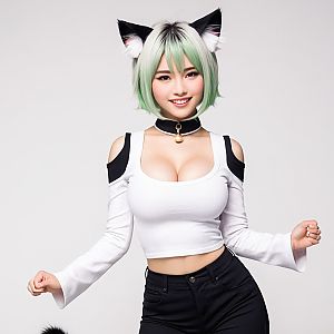 Young Woman with Green Bob and Cat Ears in Stylish Outfit