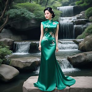 Elegant Woman in Emerald Cheongsam by Waterfall