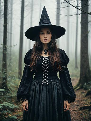Photorealistic Woman in Woodland Witch Costume Outdoor Portrait in Misty Forest