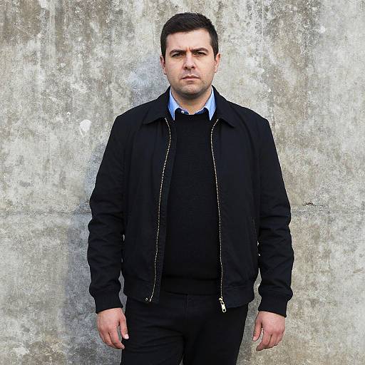Serious Young Man Wearing Black Jacket Against Concrete Wall