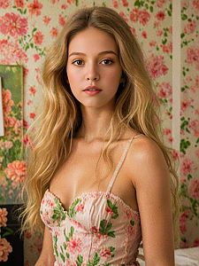 Young Woman in Floral Corset Against Vintage Wallpaper