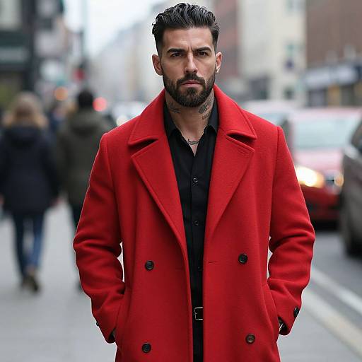 Confident Man Wearing Red Coat on City Street