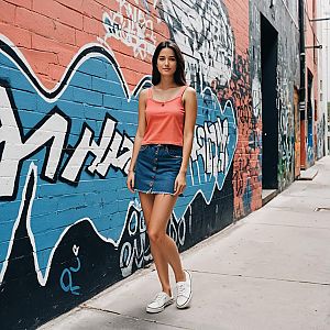 Young Woman in Casual Street Style by Colorful Urban Graffiti Wall