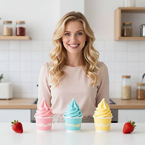 Smiling Woman with Pastel Soft-Serve Ice Creams in Modern Kitchen
