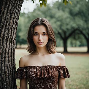 Young Woman in Brown Off-Shoulder Dress Standing by Tree in Natural Outdoor Setting