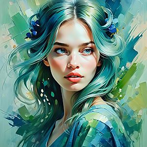 Portrait of Woman with Turquoise Hair and Blue Eyes