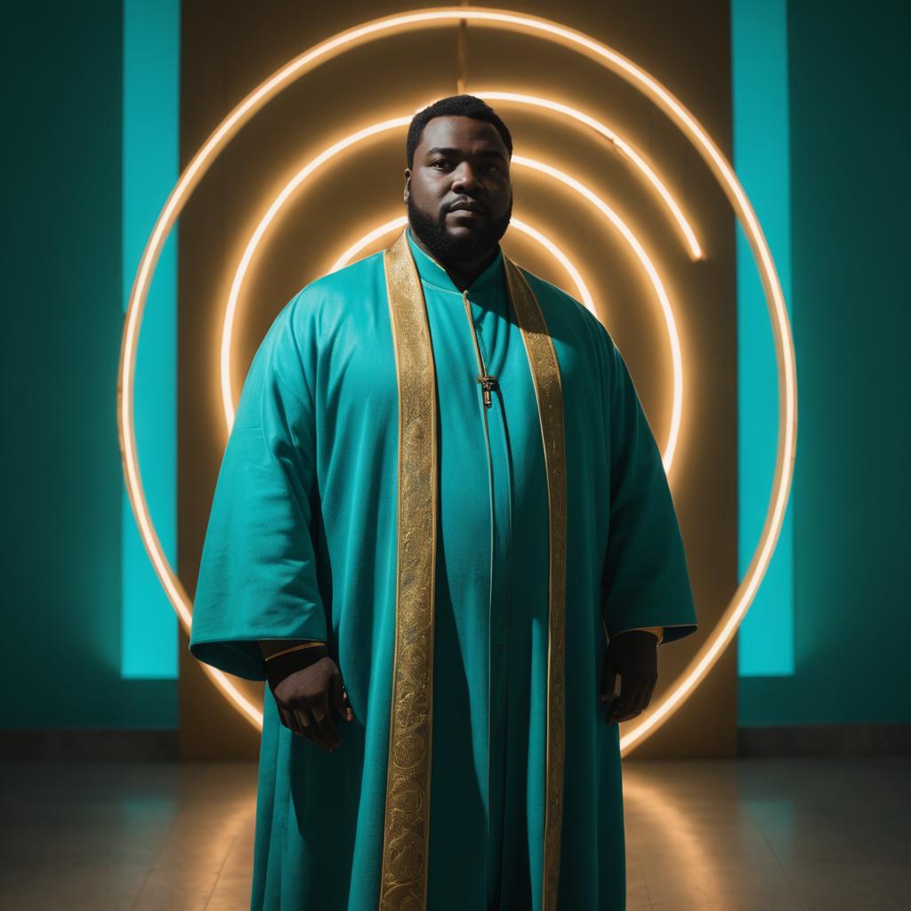 Man in Teal Robe with Gold Embroidery and Illuminated Neon Halo Background