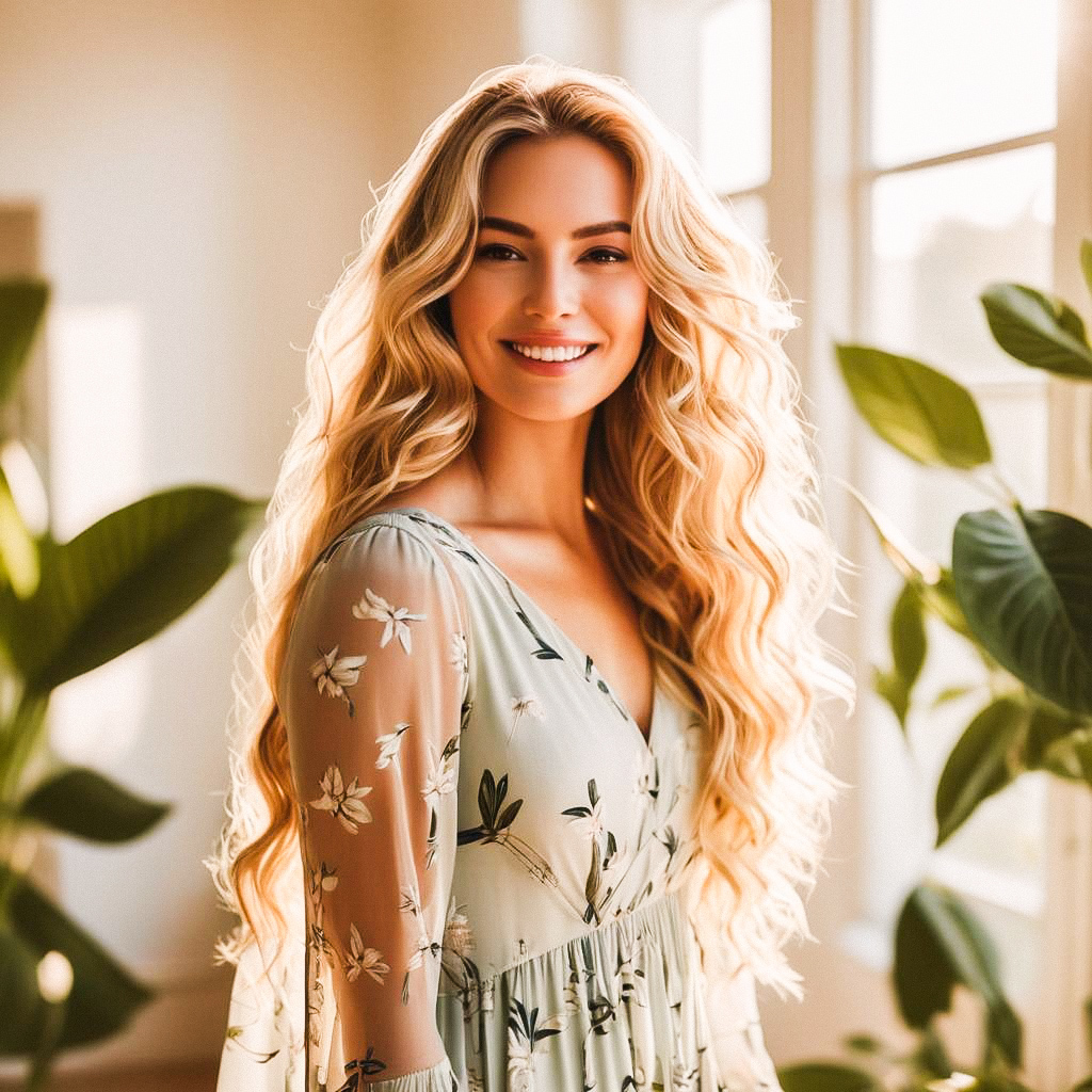Smiling Woman in Floral Dress Surrounded by Green Plants