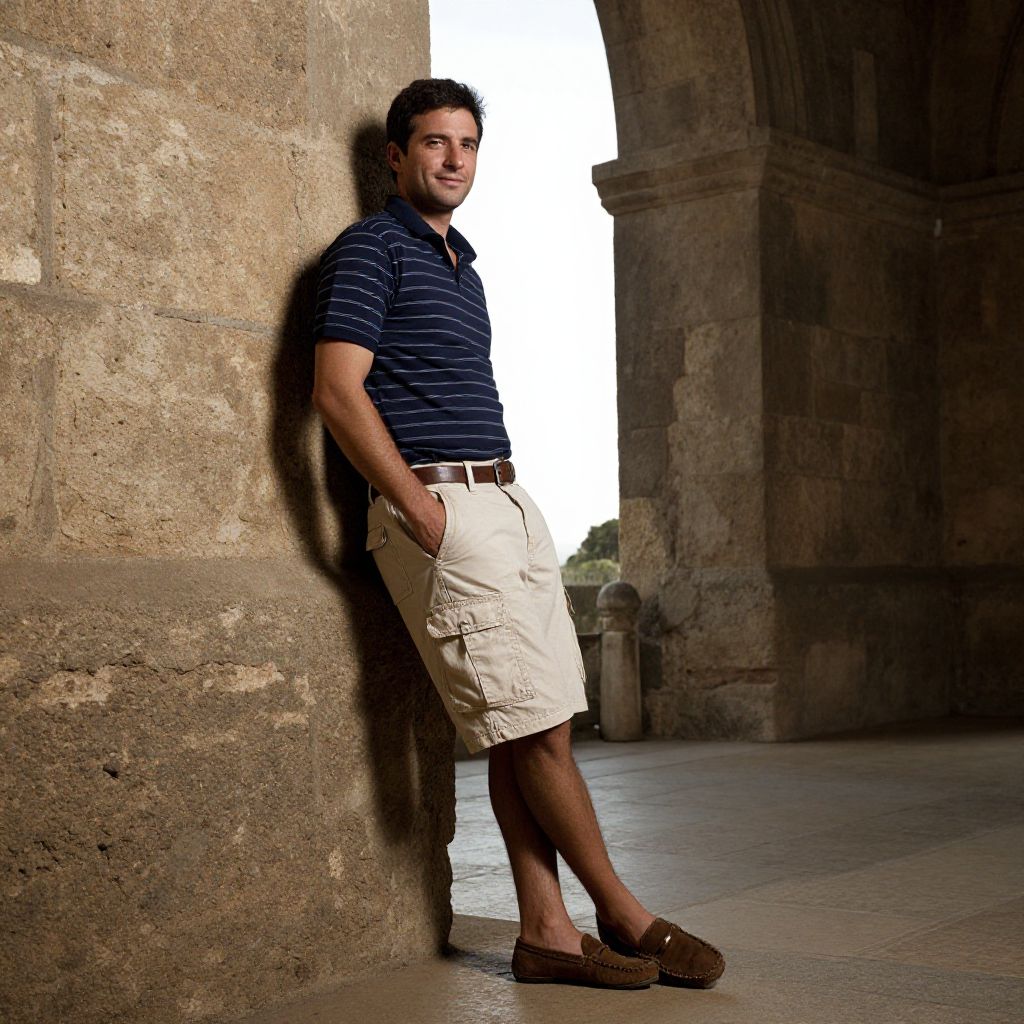 Casual Man Leaning Against Stone Wall in Historic Architecture