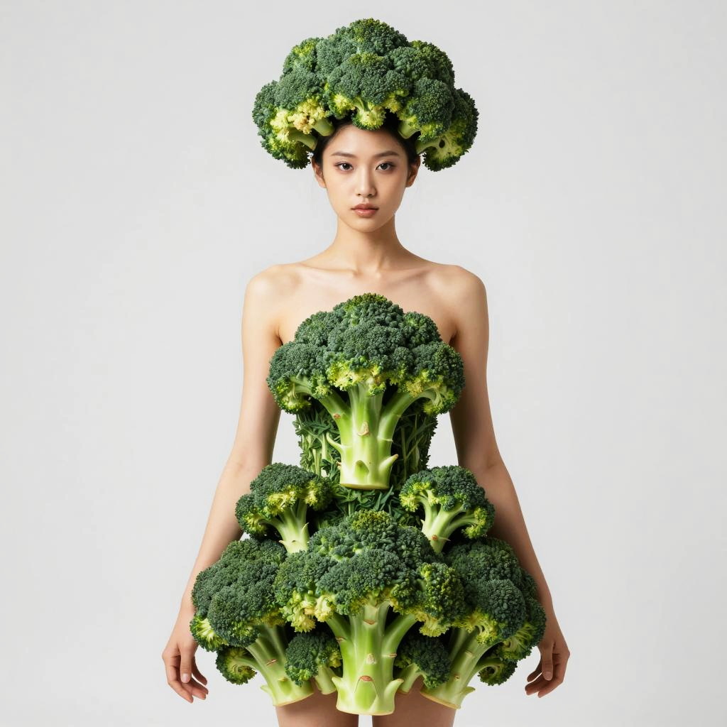 Avant-Garde Broccoli Dress and Hat Fashion on Woman