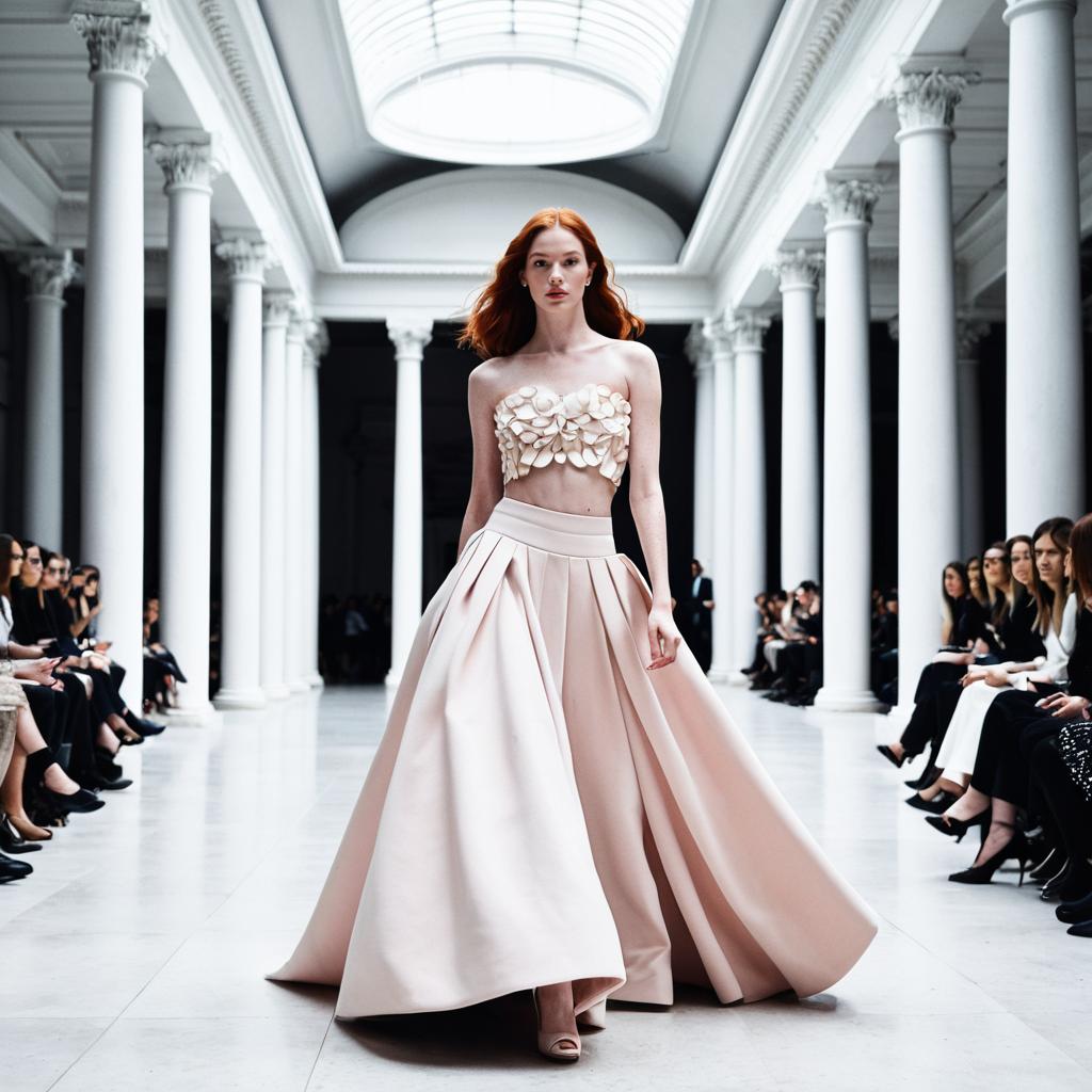 Red-Haired Woman in Blush Couture Gown on Elegant Runway with Classical Columns