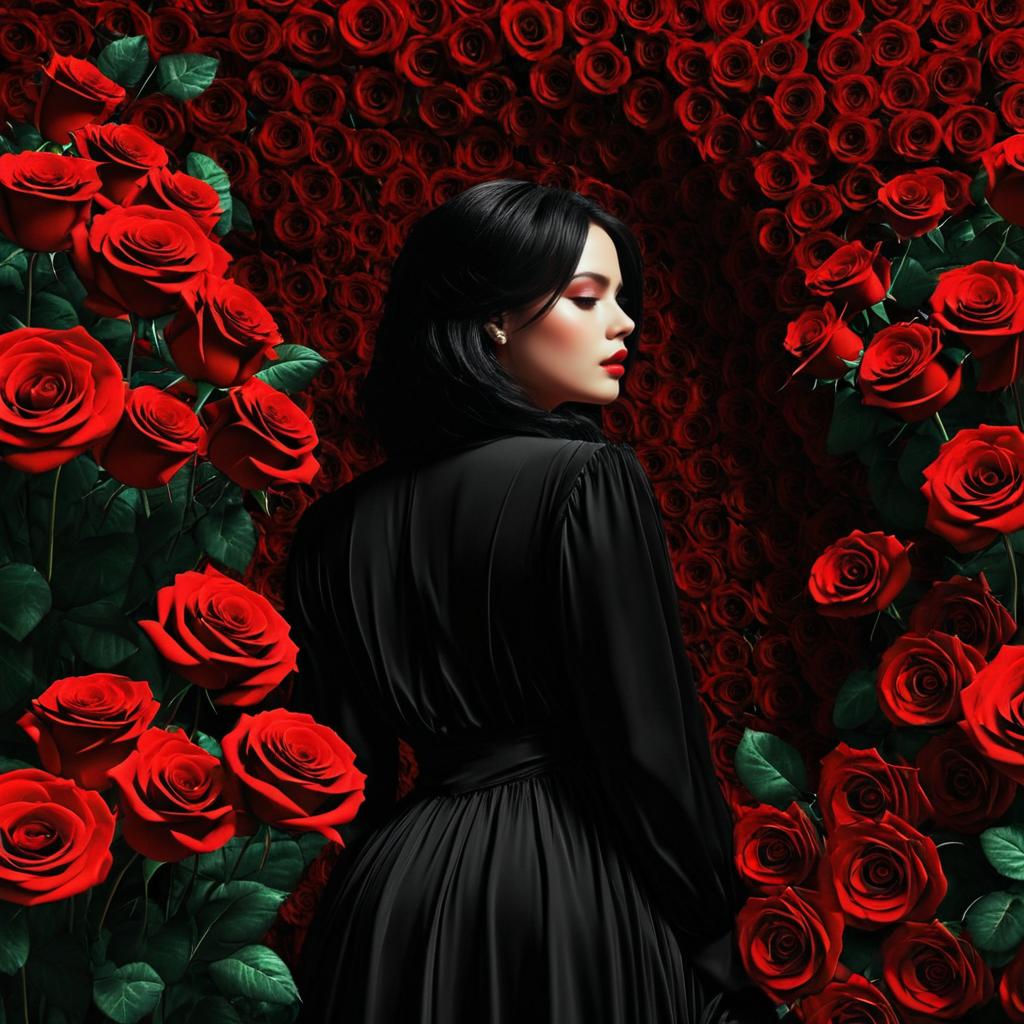 Elegant Woman in Black Amidst Red Roses