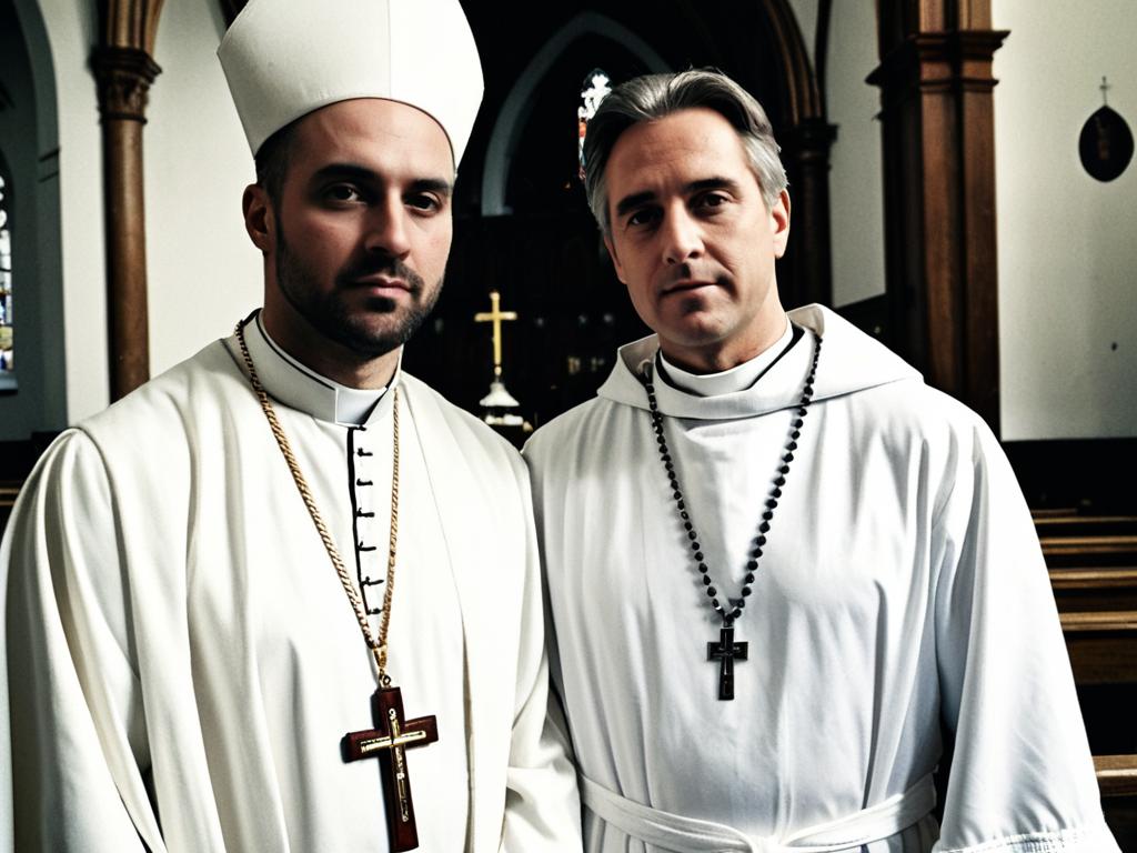 Two Men in White Priest Robes with Crosses Inside Church