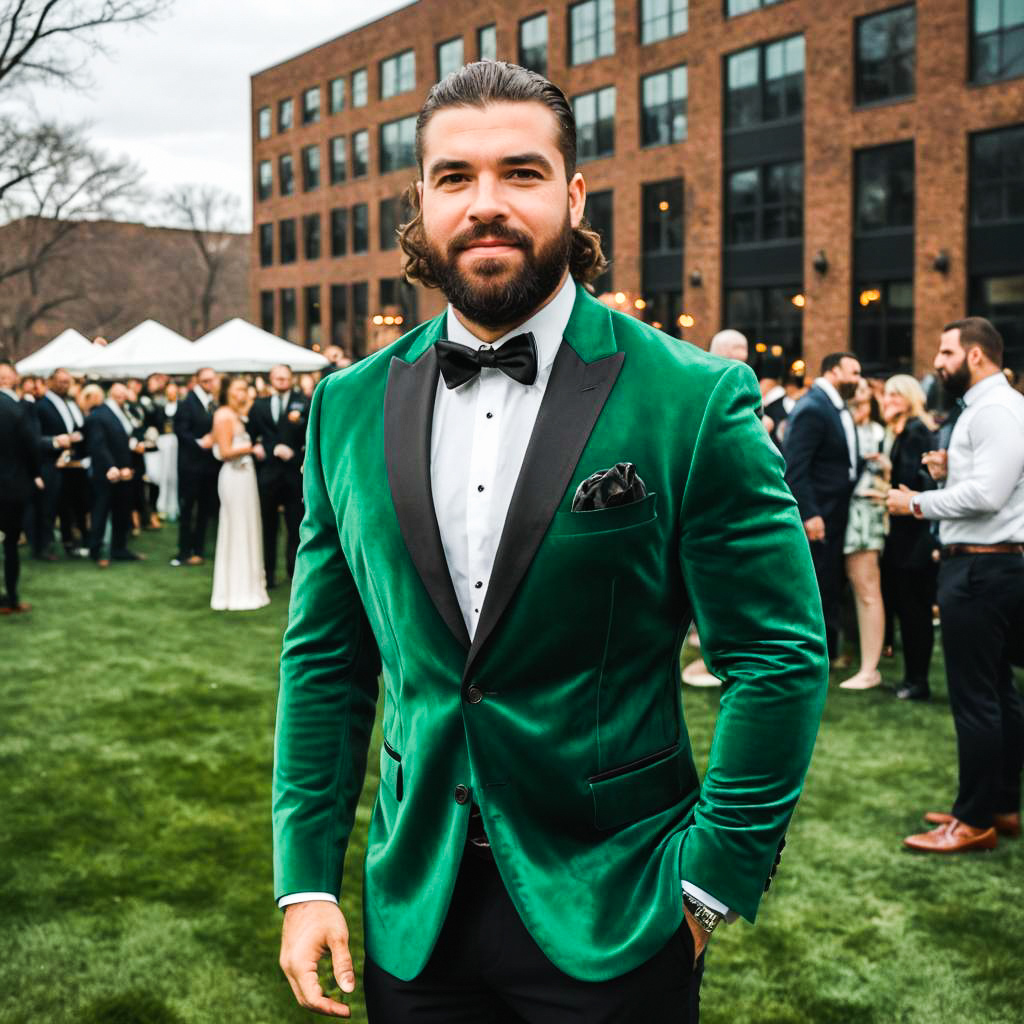 Stylish Man in Green Velvet Tuxedo at Outdoor Event