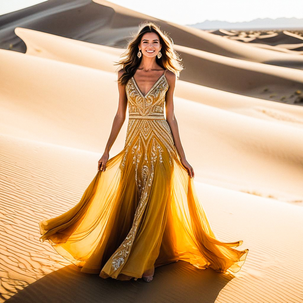 Elegant Woman in Golden Gown at Sand Dunes