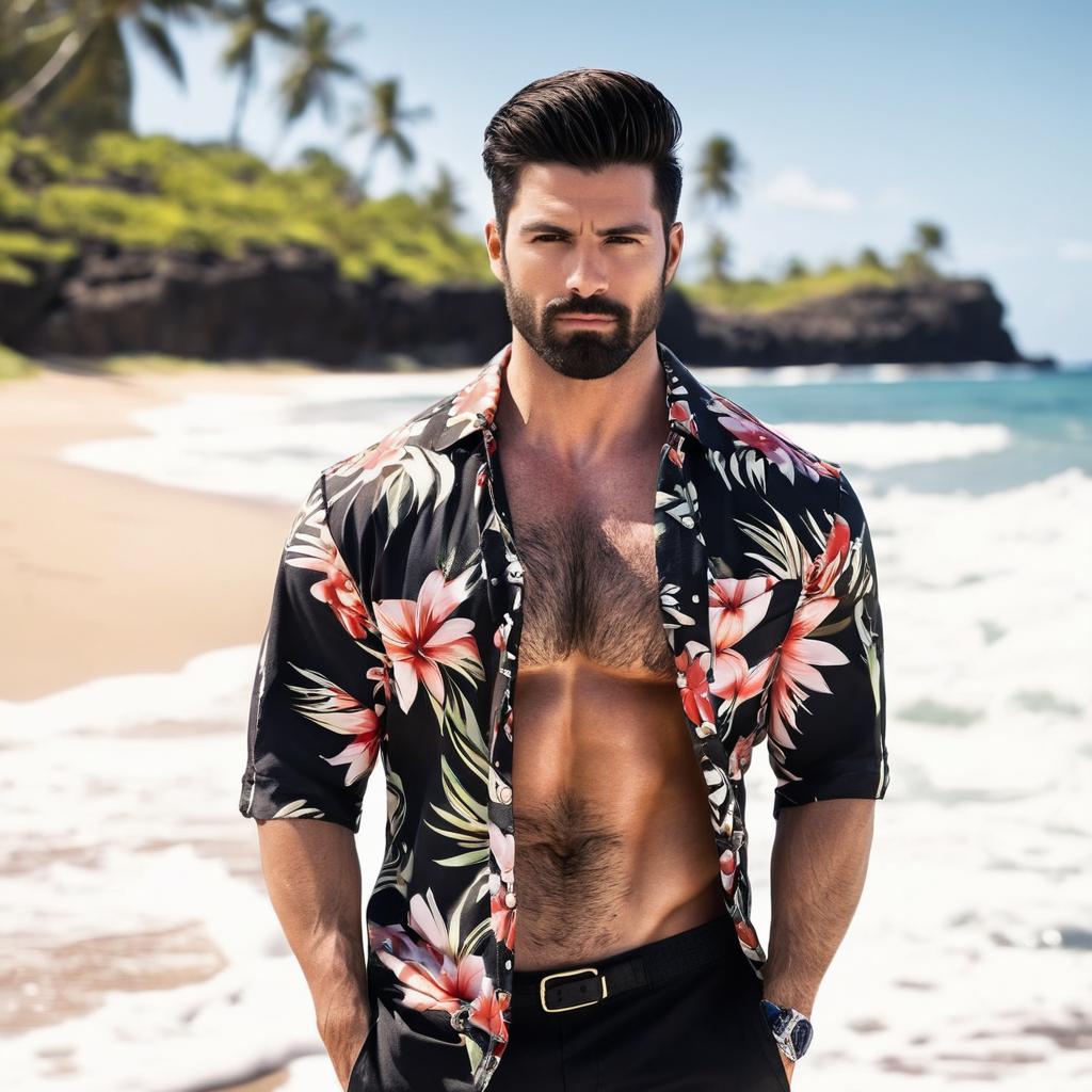 Muscular Man in Floral Hawaiian Shirt on Tropical Beach