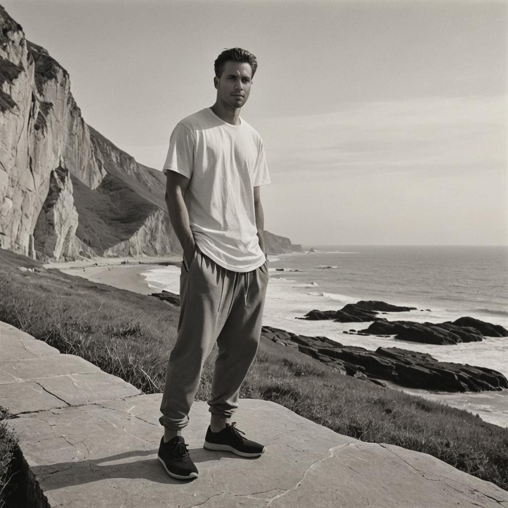 Black and White Portrait of a Man by the Ocean