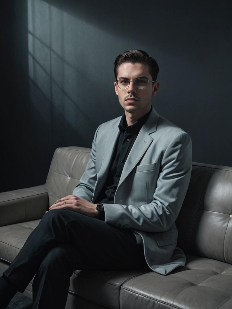 Professional man in gray suit on leather sofa