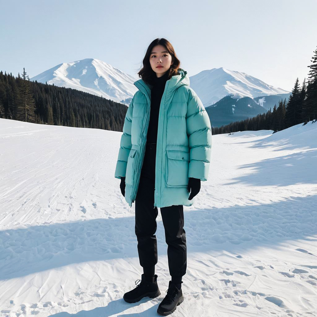 Stylish Woman in Mint Green Puffer Jacket in Snowy Landscape