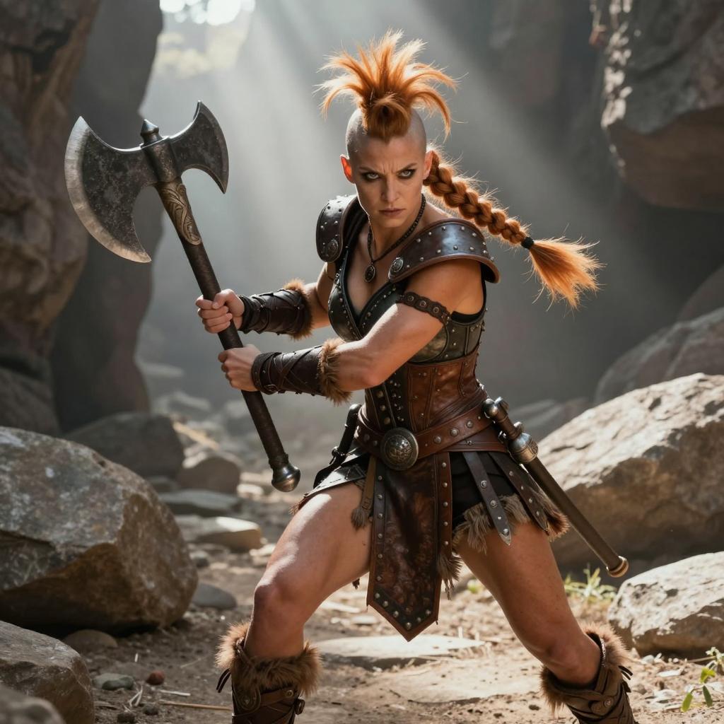 Fierce Woman Warrior with Battle Axe in Leather Armor