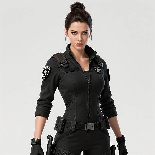 Woman in Modern Tactical Black Suit with Utility Belt