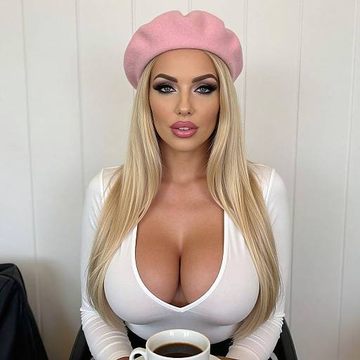 Blonde Woman in Pink Beret Holding Coffee Cup Wearing White Top