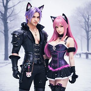 Stylish Young Couple in Snow with Cat Ears