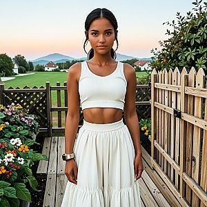 Confident Woman on Wooden Deck at Sunset