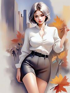 Confident Young Woman with Autumn Leaves in Cityscape