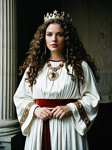 Roman Queen Costume Woman in Regal White Gown with Crown and Jewelry