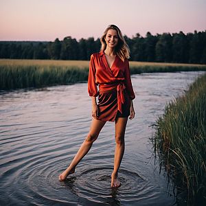 Young Woman in Red Dress by River at Sunset