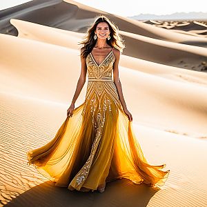 Elegant Woman in Golden Gown at Sand Dunes